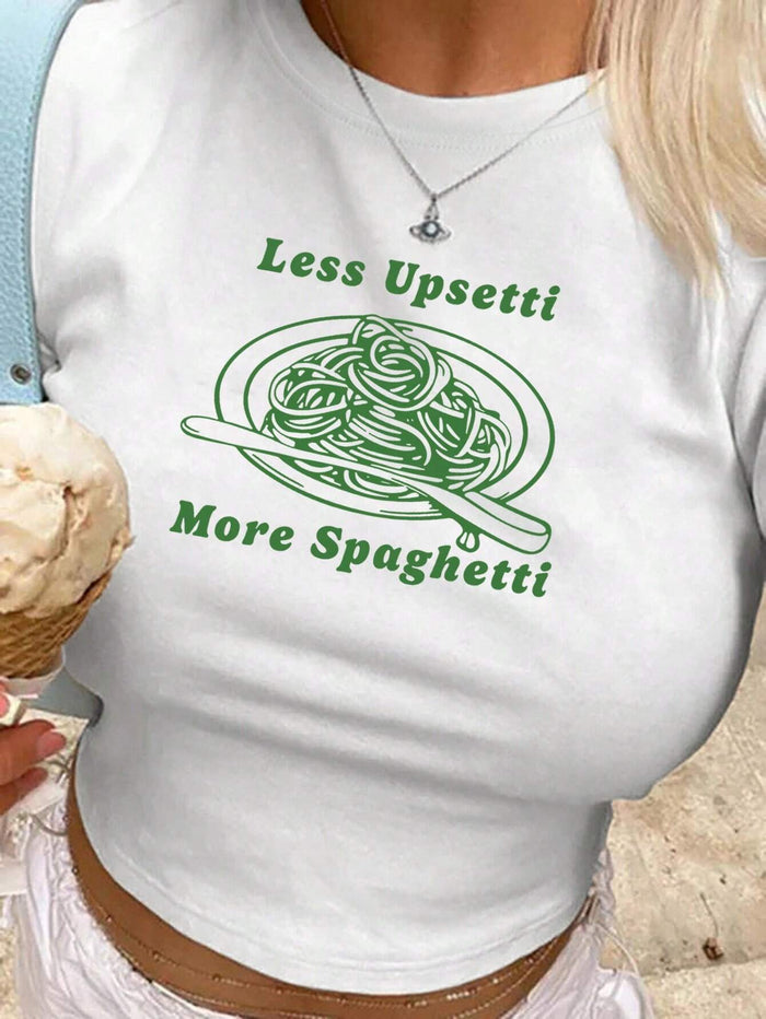 SXV Women's Short Sleeve Crop Top With Less Upsetti More Spaghetti Slogan Print, Summer Graphic Tees Women Tops