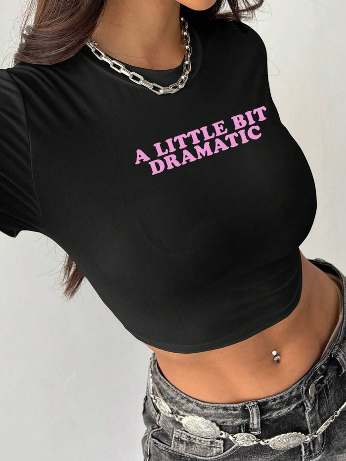 SXV Women's Slogan Printed Short Sleeve Crop Top, Summer A LITTLE BIT DRAMATIC Graphic Tees Women Tops
