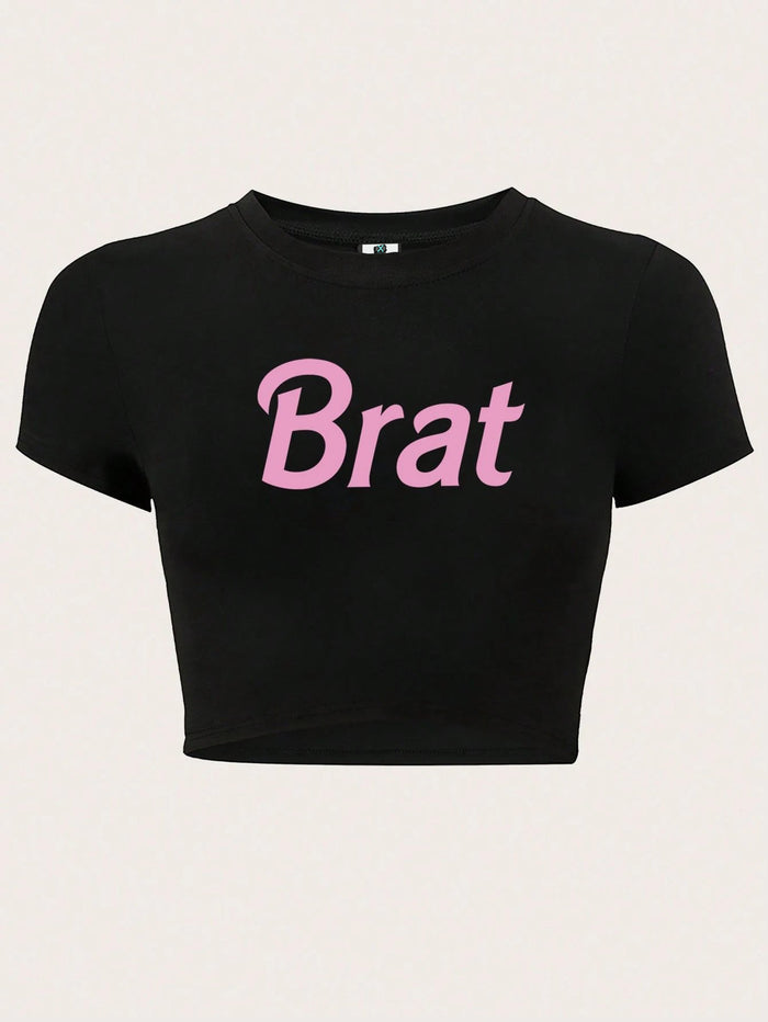 SXV women's Summer Midriff-Baring Pink Slogan Cropped T-Shirt, Black Short Sleeve