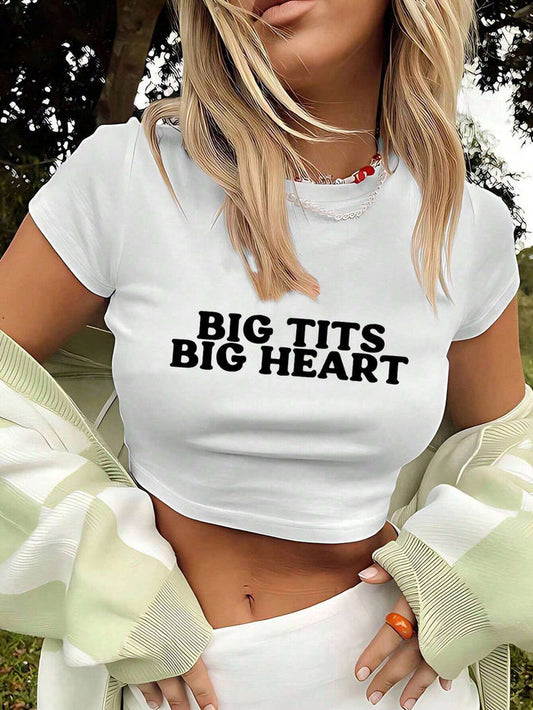 SXV Women's Summer Short Sleeve Crop Top Casual T-Shirt With Slogan Print BIG BIG HEART Graphic Tees Women Tops