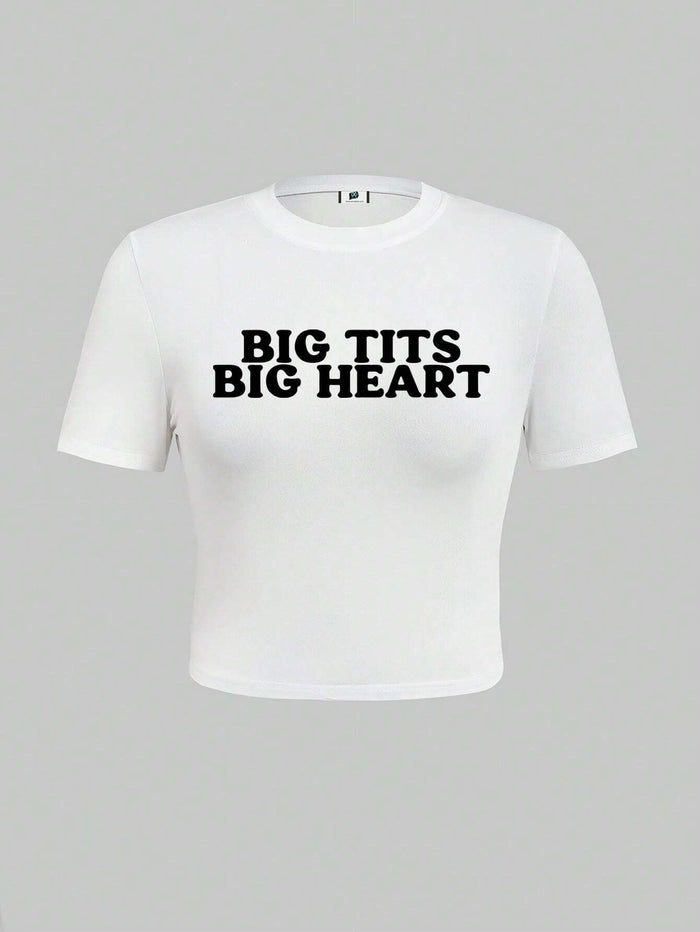 SXV Women's Summer Short Sleeve Crop Top Casual T-Shirt With Slogan Print BIG BIG HEART Graphic Tees Women Tops