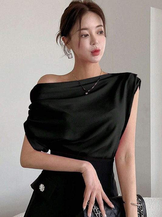 SXV Women's Summer Solid Color Asymmetric Collar Pleated Loose Fashion T-Shirt