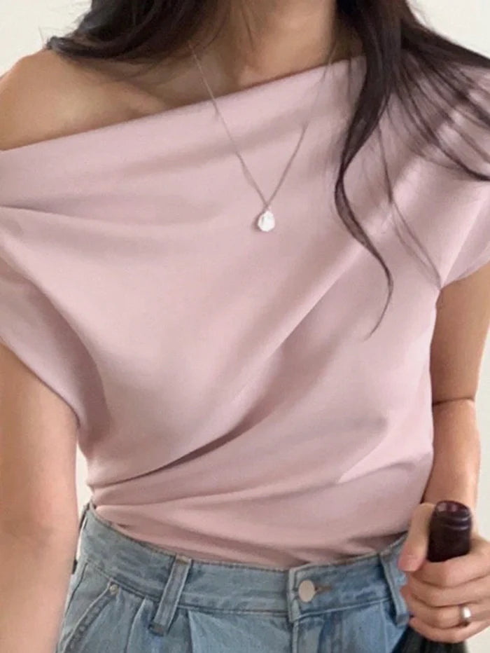 SXV Women's Summer Solid Color Asymmetric Collar Pleated Loose Fashion T-Shirt