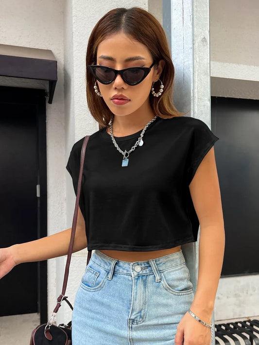 SXV Women's Summer Solid Color Round Neck Batwing Short Sleeve Loose Casual All-Match T-Shirt
