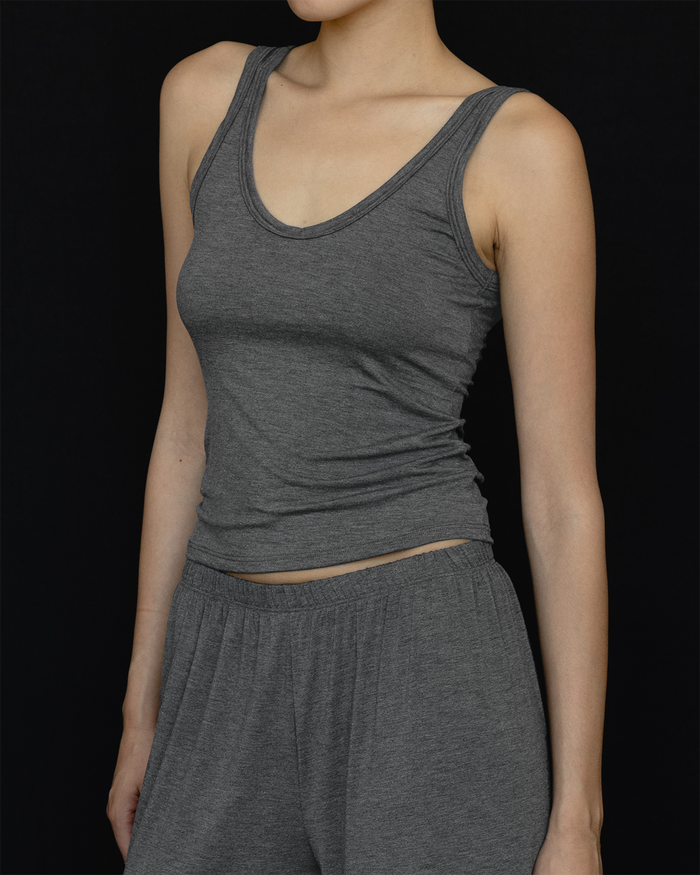 Front View of Recline Tank in Charcoal from KYE Intimates in Los Angeles.