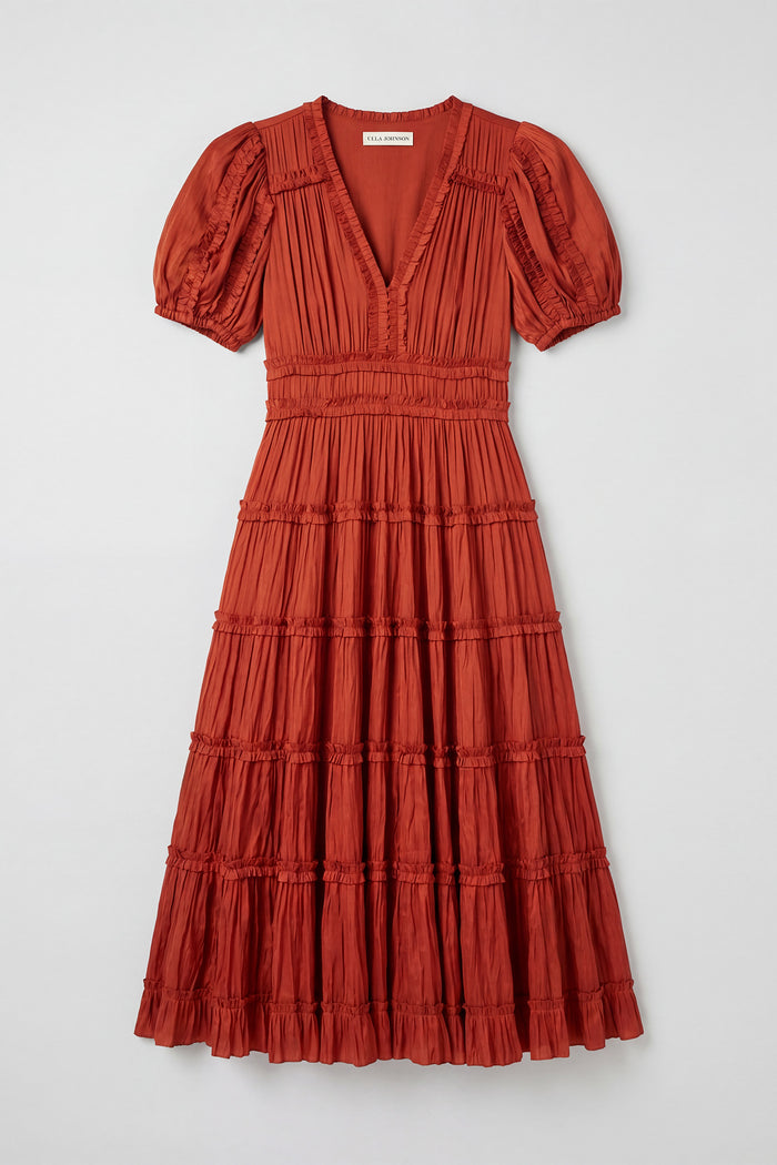 Copper Tiered Ruffle Midi Dress Flat Lay - Designer Pleated V-Neck | Ulla Johnson