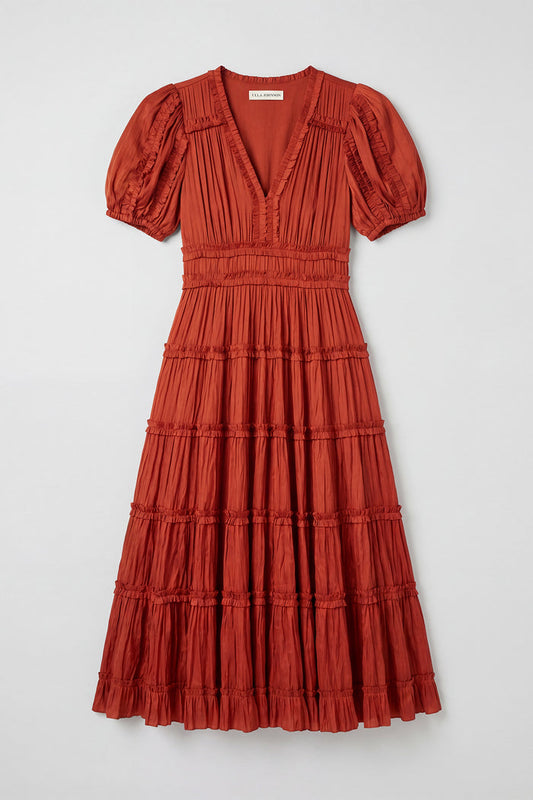 Copper Tiered Ruffle Midi Dress Flat Lay - Designer Pleated V-Neck | Ulla Johnson