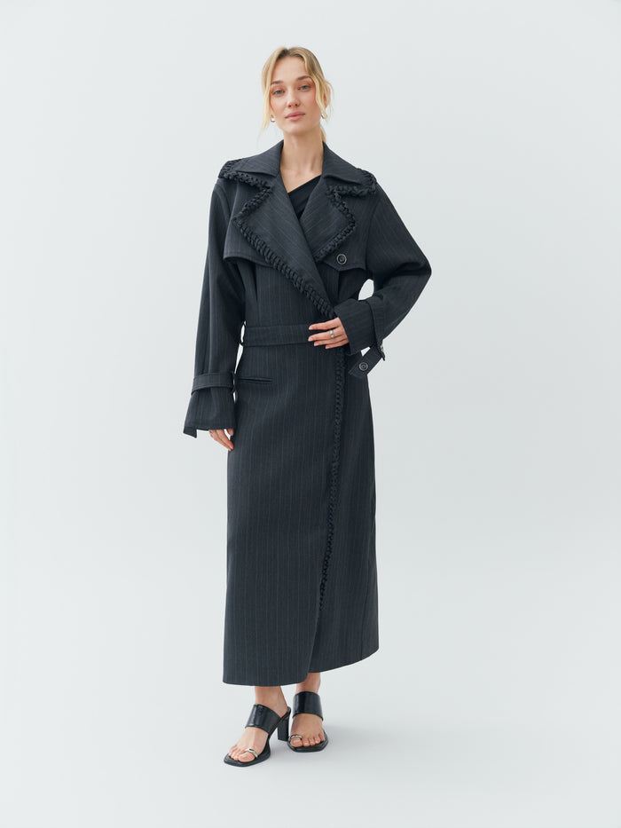 Sustainable Workwear Modular Pinstripe Gray Trench Coat with Buttons and Zippers – Bastet Noir