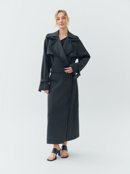 Sustainable Workwear Modular Pinstripe Gray Trench Coat with Buttons and Zippers – Bastet Noir