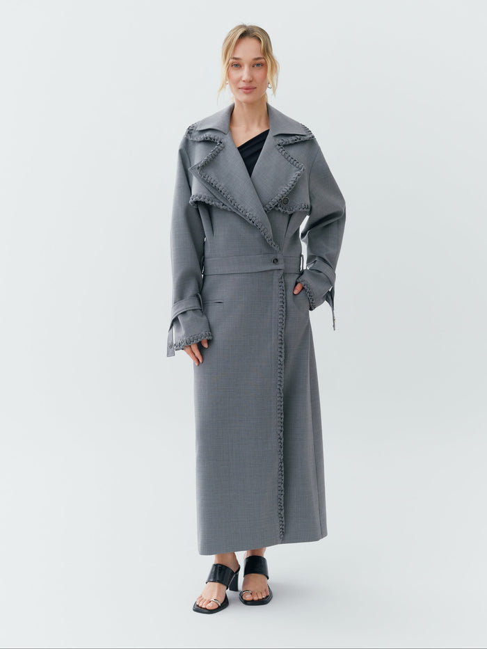 Sustainable Workwear Modular Dove Gray Trench Coat with Buttons and Zippers - Bastet Noir