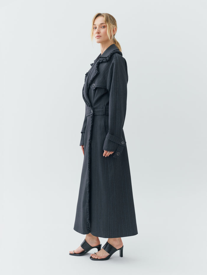 Sustainable Workwear Modular Pinstripe Gray Trench Coat with Buttons and Zippers – Bastet Noir
