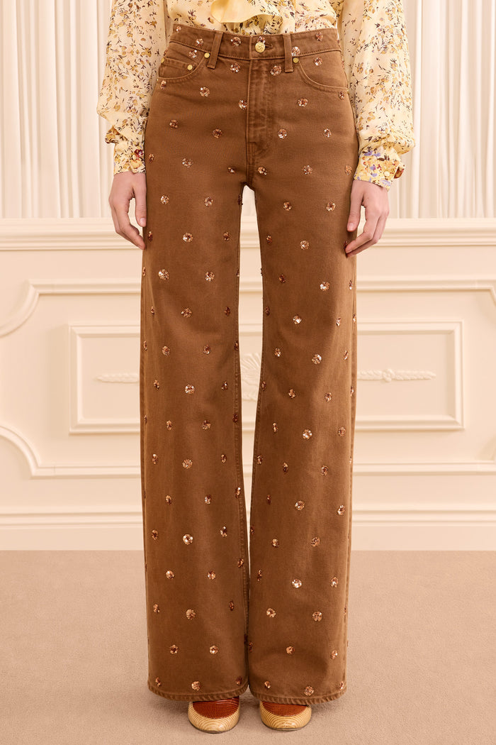 The Willow Embellished Wide Leg Jean - Embellished Umber