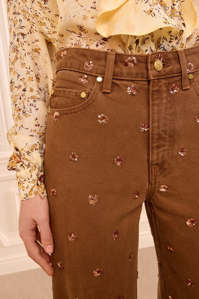 The Willow Embellished Wide Leg Jean - Embellished Umber