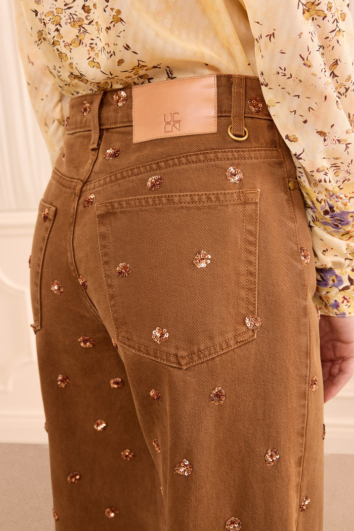 The Willow Embellished Wide Leg Jean - Embellished Umber