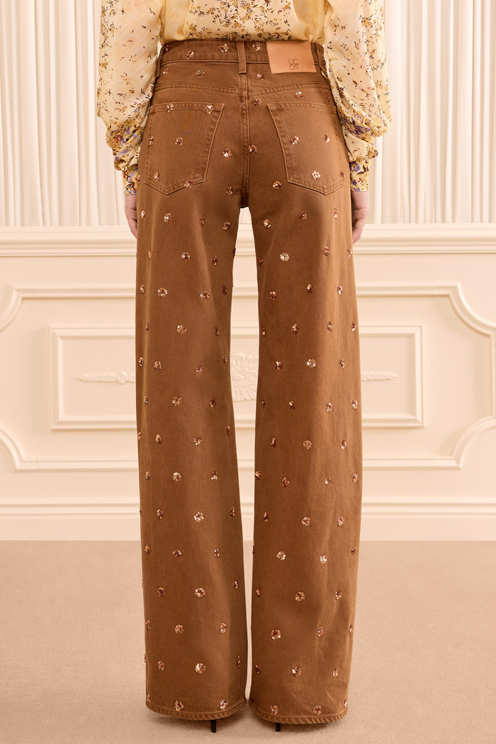 The Willow Embellished Wide Leg Jean - Embellished Umber
