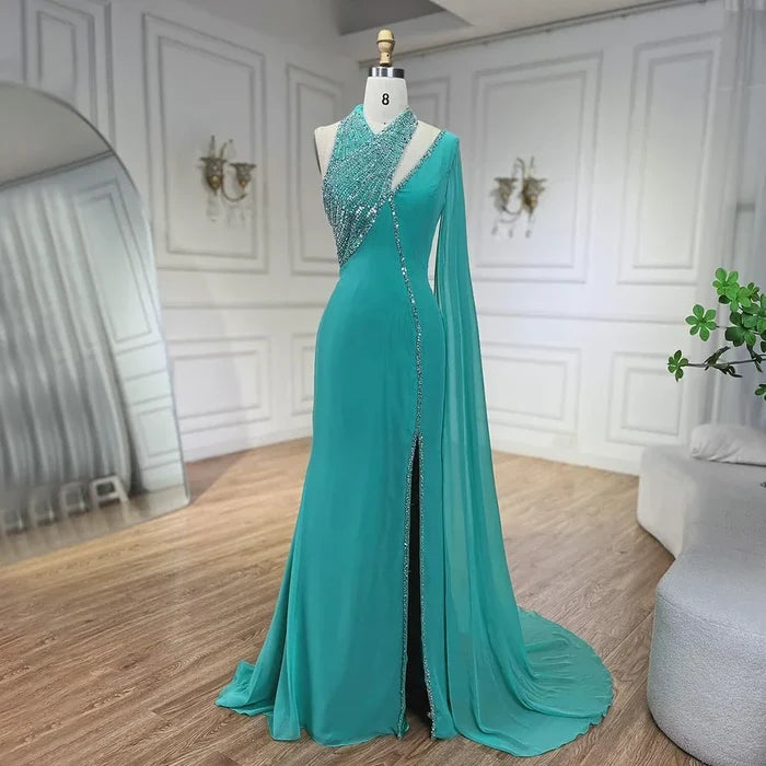 Turquoise Green Chiffon Dubai Evening Dress with Cape Sleeves LA72101 - SERENE HILL