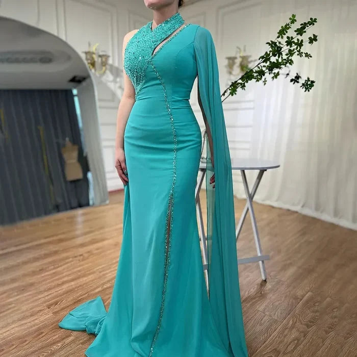 Turquoise Green Chiffon Dubai Evening Dress with Cape Sleeves LA72101 - SERENE HILL