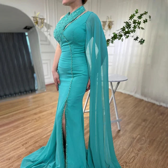Turquoise Green Chiffon Dubai Evening Dress with Cape Sleeves LA72101 - SERENE HILL
