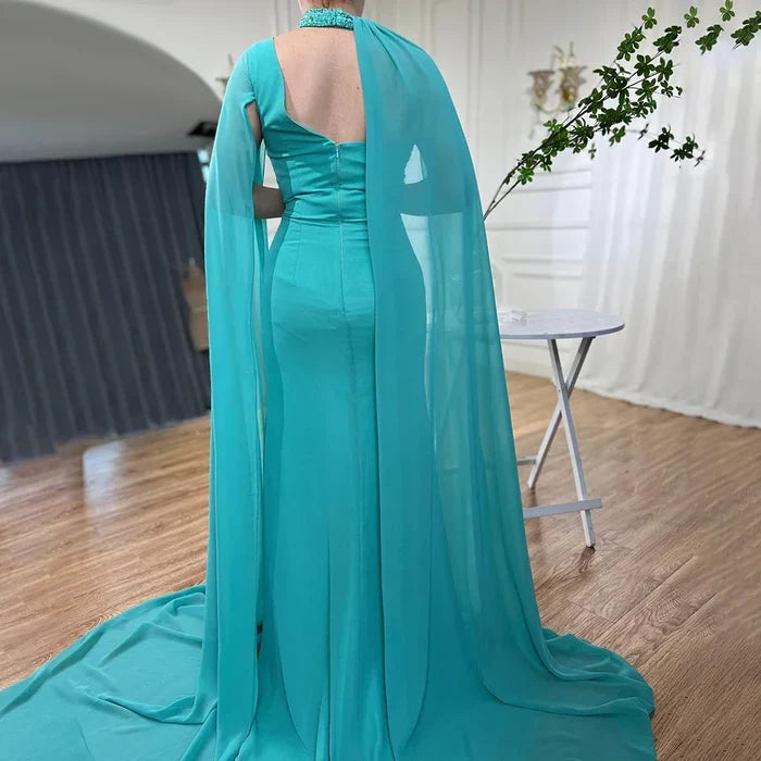 Turquoise Green Chiffon Dubai Evening Dress with Cape Sleeves LA72101 - SERENE HILL