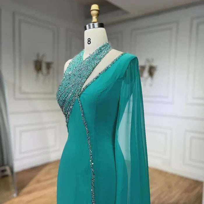 Turquoise Green Chiffon Dubai Evening Dress with Cape Sleeves LA72101 - SERENE HILL