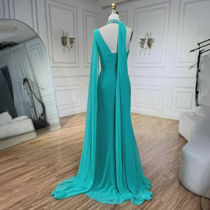 Turquoise Green Chiffon Dubai Evening Dress with Cape Sleeves LA72101 - SERENE HILL