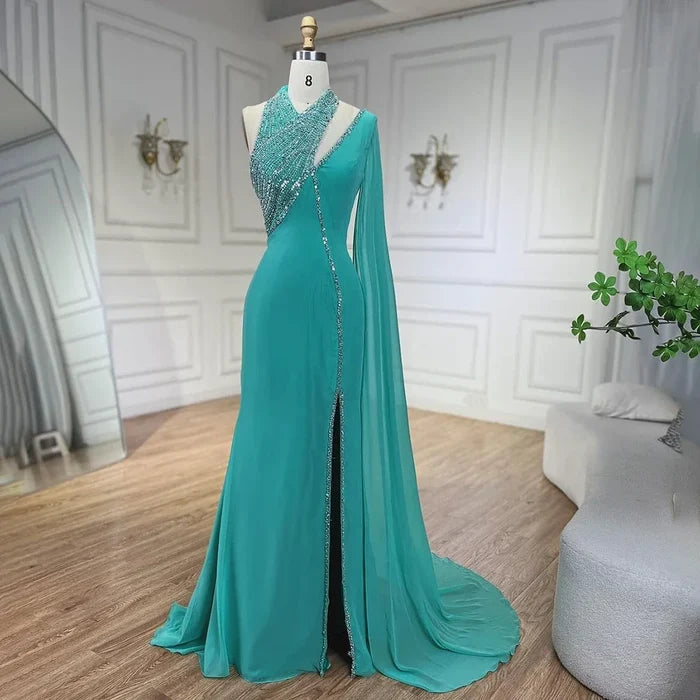 Turquoise Green Chiffon Dubai Evening Dress with Cape Sleeves LA72101 - SERENE HILL