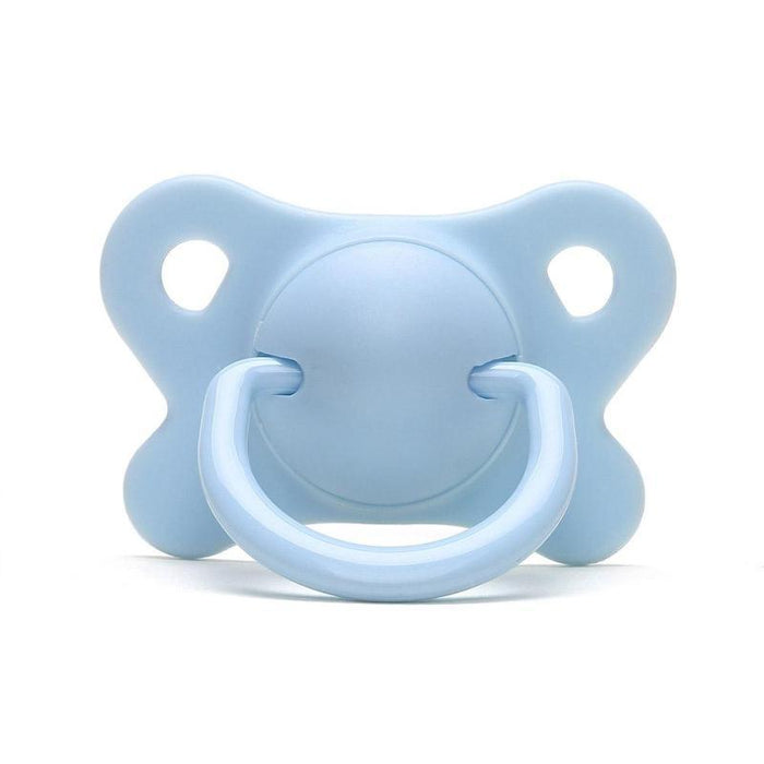 Ultra Soft Silicone Pacifier for Newborns in light blue, designed for comfort with a unique flat-head shape.