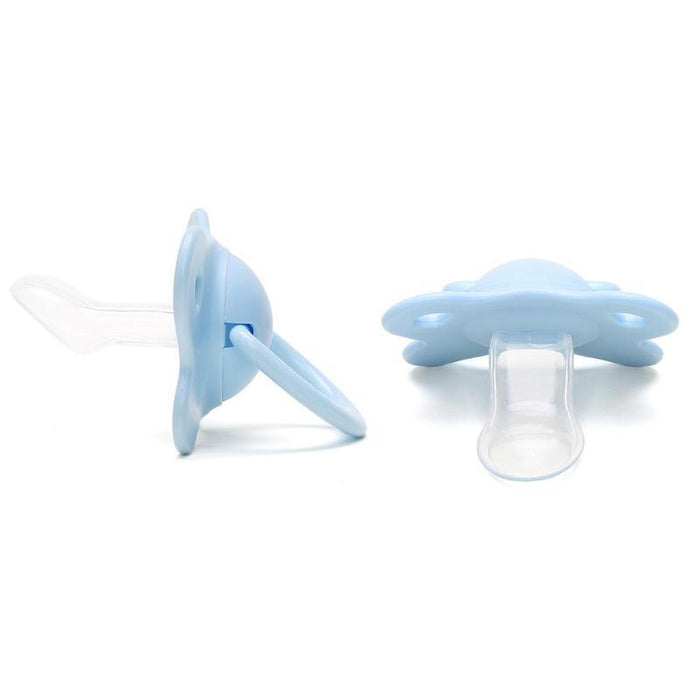 Ultra Soft Silicone Pacifier for Newborns in blue color, featuring a flat-head design for comfort.