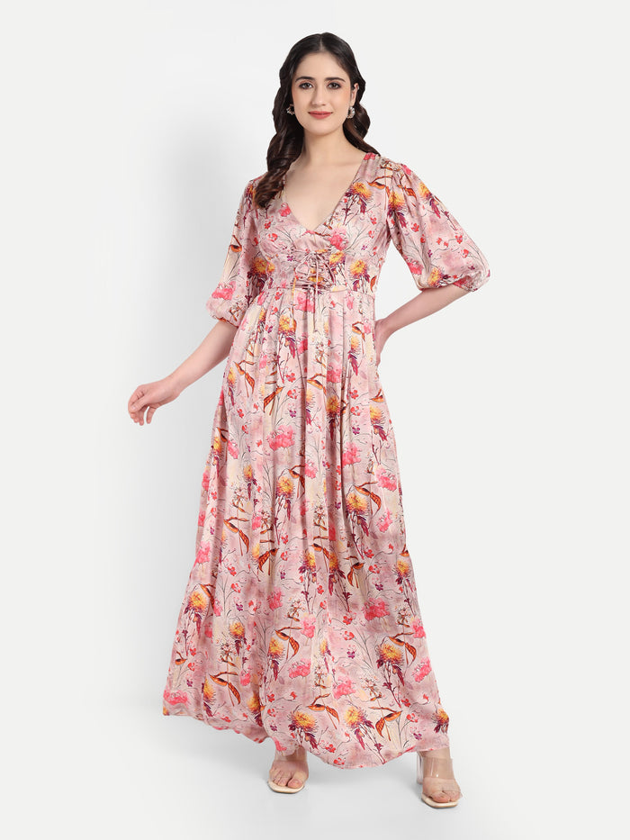 Women’s pink floral Vincy dress with flowy maxi fit, soft silhouette and elegant stylish design