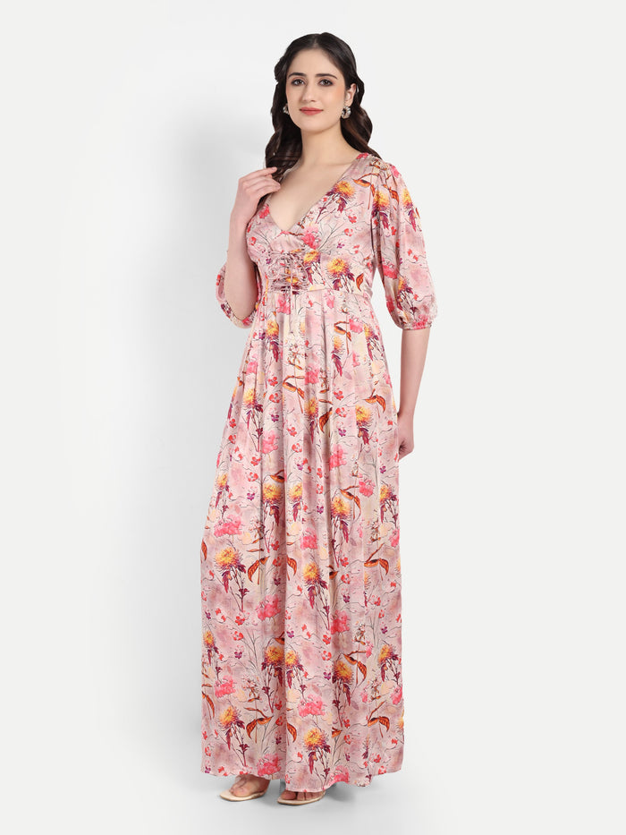 Women’s pink floral Vincy dress with flowy maxi fit, soft silhouette and elegant stylish design