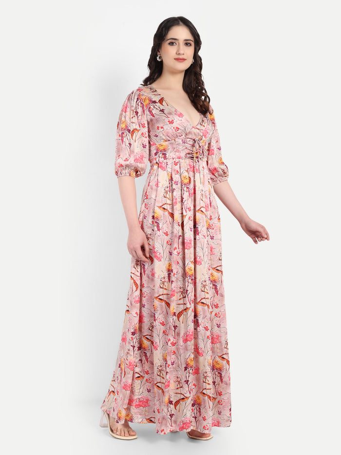 Women’s pink floral Vincy dress with flowy maxi fit, soft silhouette and elegant stylish design