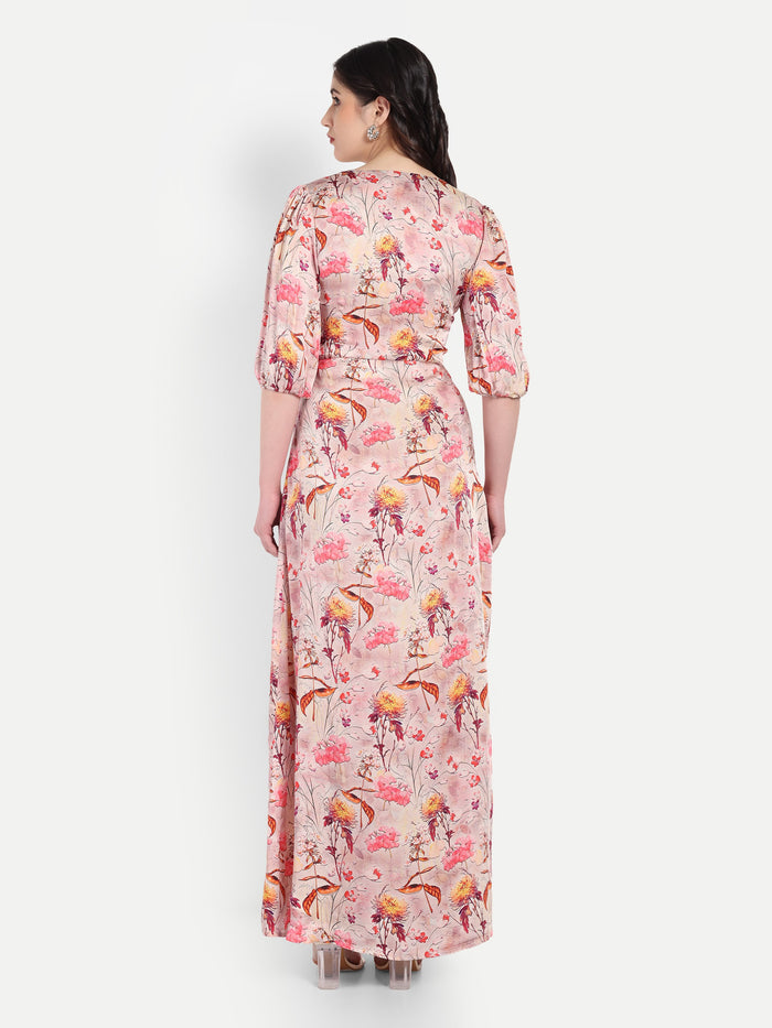 Women’s pink floral Vincy dress with flowy maxi fit, soft silhouette and elegant stylish design