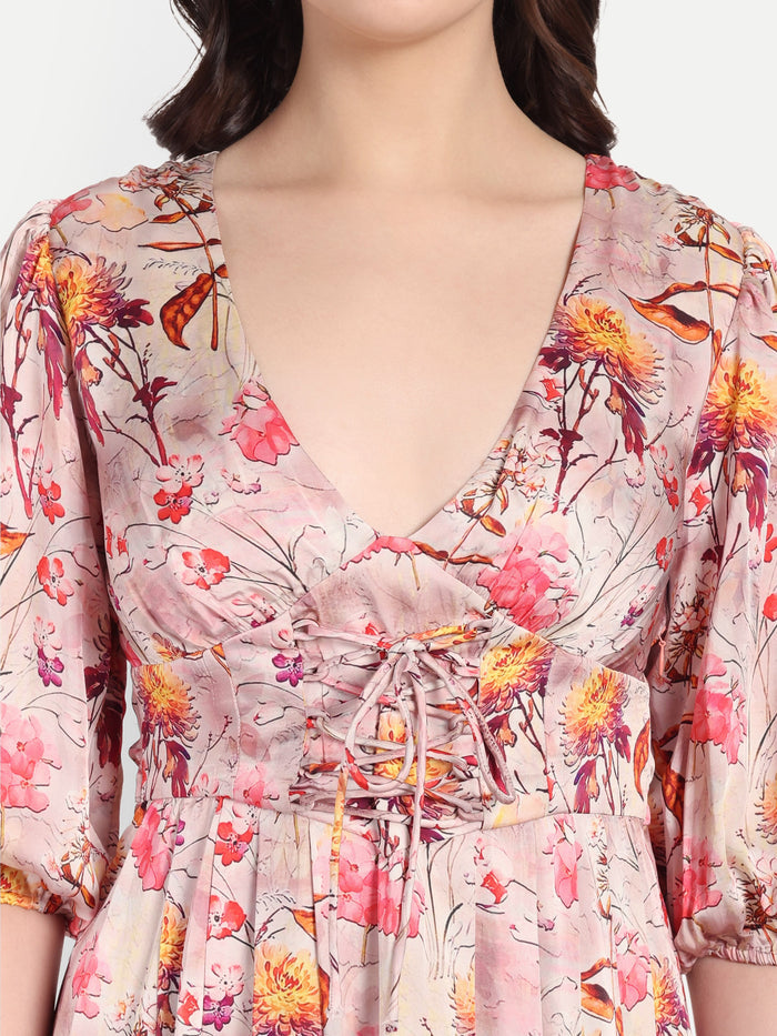 Women’s pink floral Vincy dress with flowy maxi fit, soft silhouette and elegant stylish design