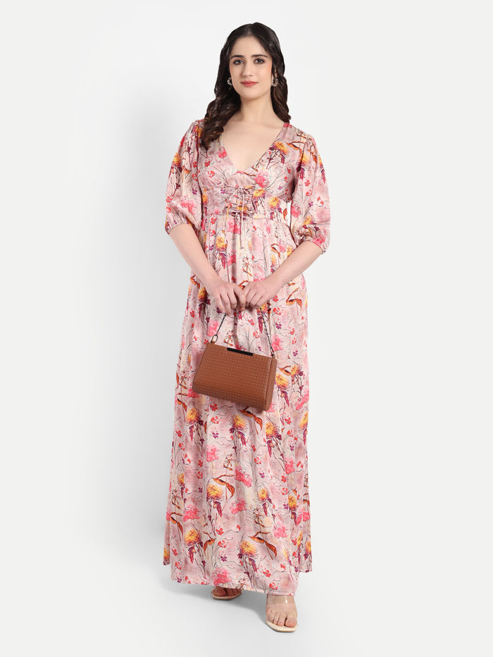 Women’s pink floral Vincy dress with flowy maxi fit, soft silhouette and elegant stylish design