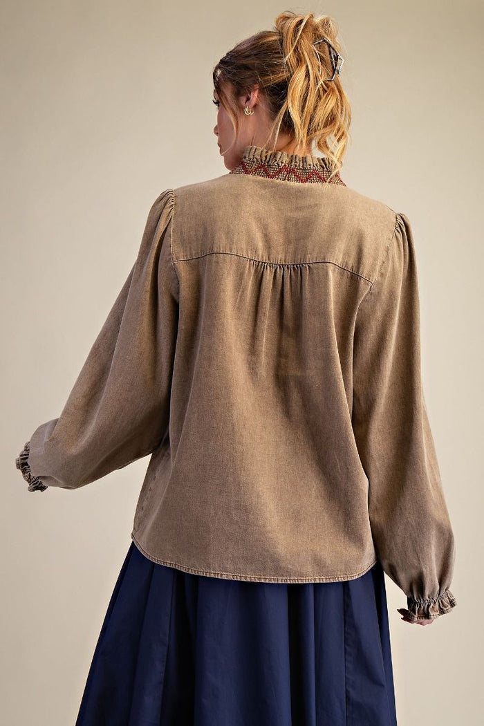 WASHED TWILL TOP, CAMEL