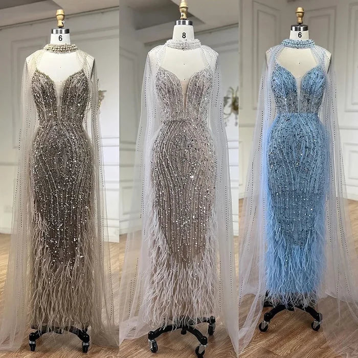 White Nude Beaded Feathers Evening Dress with Cape Sleeves LA72047A - SERENE HILL