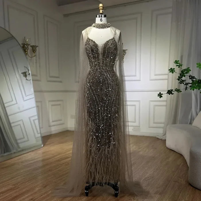 White Nude Beaded Feathers Evening Dress with Cape Sleeves LA72047A - SERENE HILL
