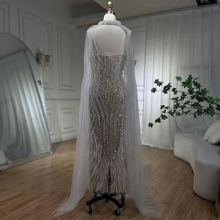 White Nude Beaded Feathers Evening Dress with Cape Sleeves LA72047A - SERENE HILL