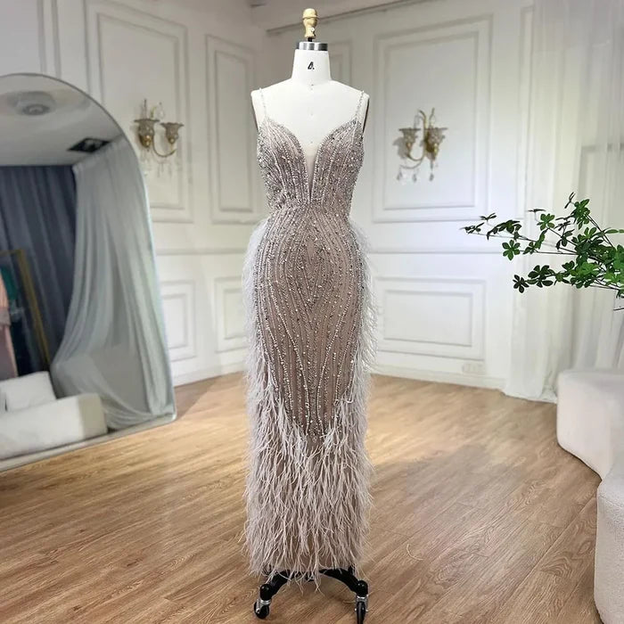 White Nude Beaded Feathers Evening Dress with Cape Sleeves LA72047A - SERENE HILL