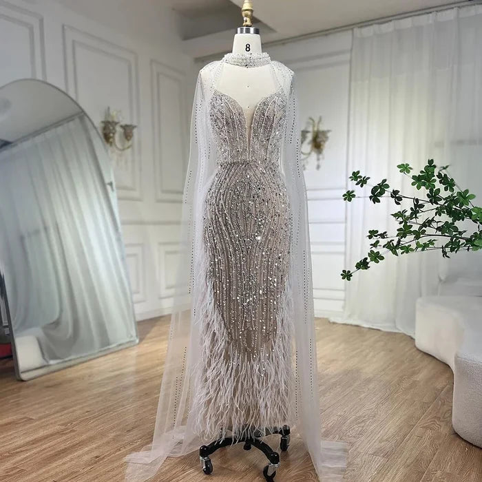 White Nude Beaded Feathers Evening Dress with Cape Sleeves LA72047A - SERENE HILL