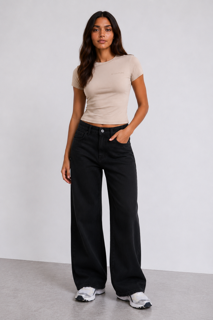 Wide-Leg Denim Jeans & Fitted T-Shirt Set - Black/Stone