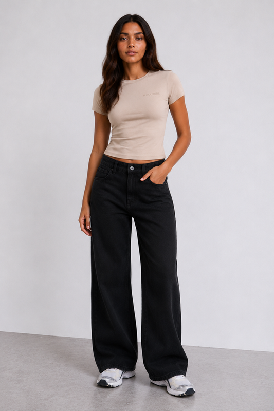 Wide-Leg Denim Jeans & Fitted T-Shirt Set - Black/Stone