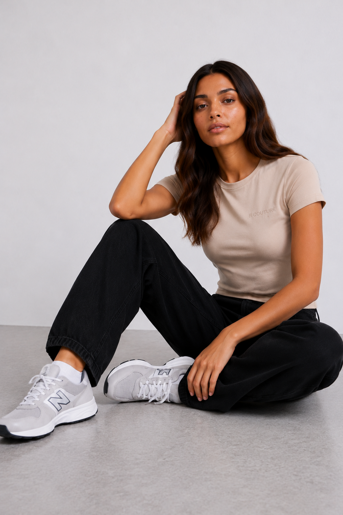 Wide-Leg Denim Jeans & Fitted T-Shirt Set - Black/Stone
