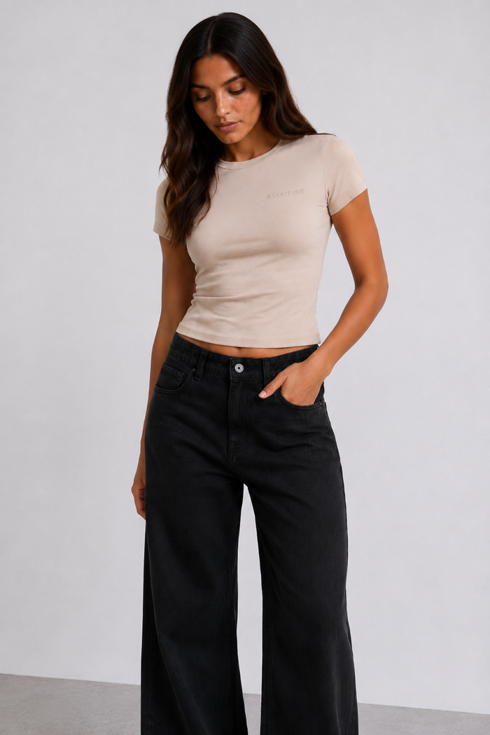 Wide-Leg Denim Jeans & Fitted T-Shirt Set - Black/Stone