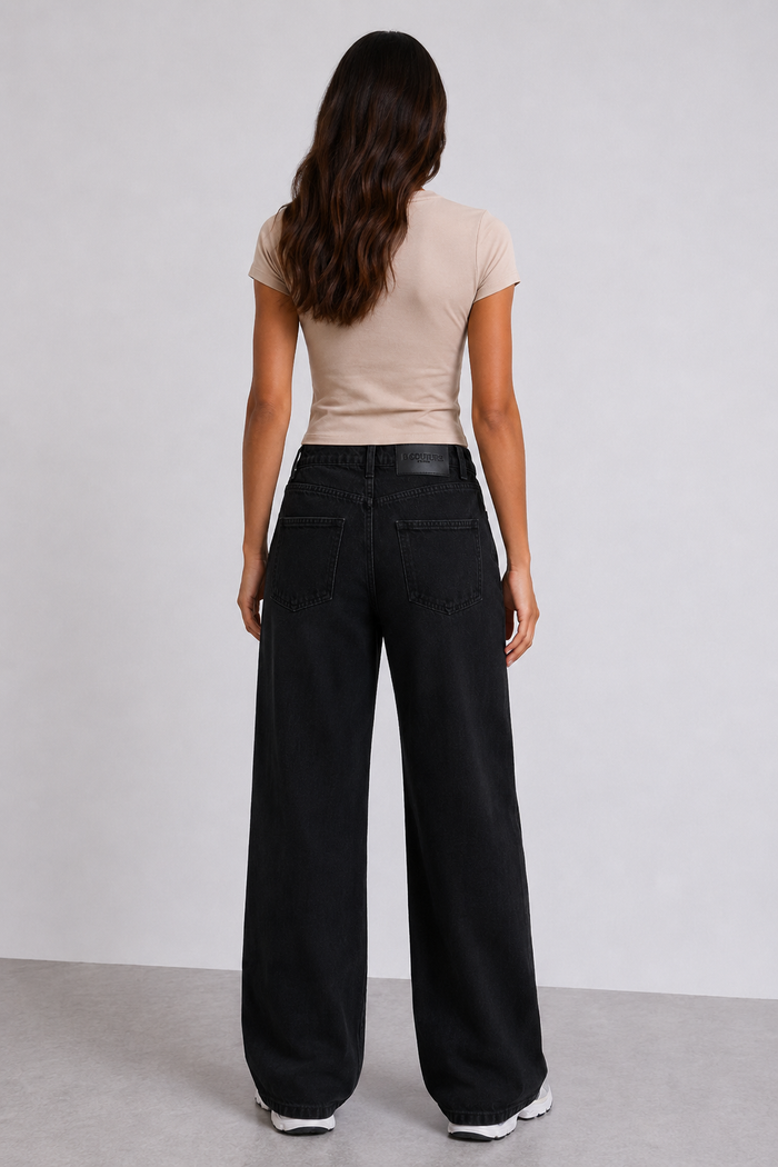 Wide-Leg Denim Jeans & Fitted T-Shirt Set - Black/Stone