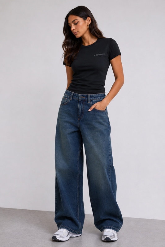 Wide-Leg Denim Jeans & Fitted T-Shirt Set - Dark Blue/Black