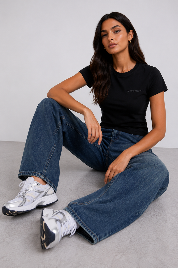Wide-Leg Denim Jeans & Fitted T-Shirt Set - Dark Blue/Black