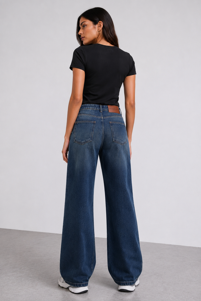 Wide-Leg Denim Jeans & Fitted T-Shirt Set - Dark Blue/Black