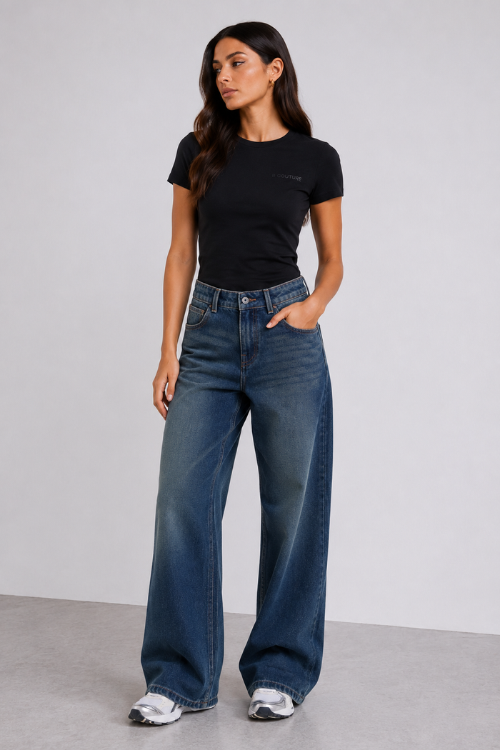 Wide-Leg Denim Jeans & Fitted T-Shirt Set - Dark Blue/Black