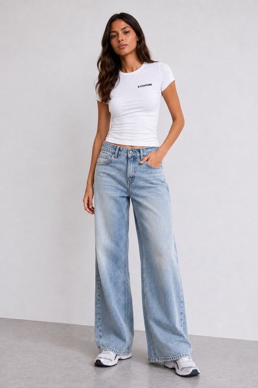 Wide-Leg Denim Jeans & Fitted T-Shirt Set - Light Blue/White